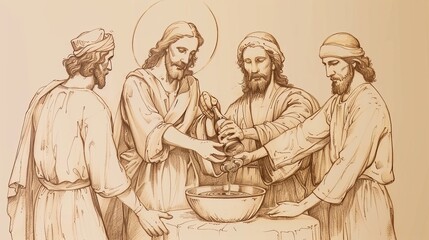 Naklejka premium Miraculous Water to Wine Transformation at Cana Wedding, Jesus and Servants, Biblical Illustration, Beige Background, Copyspace