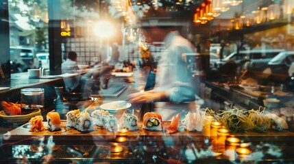 Blurry view through a restaurant window, showcasing a chef preparing sushi with colorful ingredients.