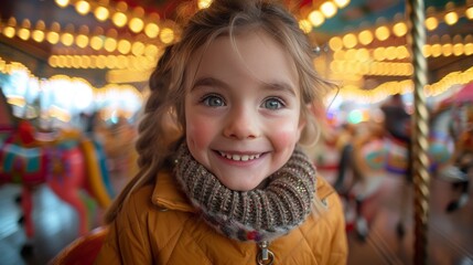 A happy young girl wearing a yellow jacket and scarf smiles broadly in front of a carousel with lights