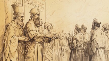 Fototapeta premium Anointing of Solomon as King by Zadok and Nathan, People Celebrate, Biblical Illustration, Beige Background, Copyspace