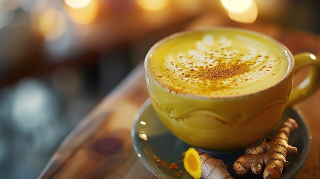 Closeup of a warm golden turmeric latte in a yellow mug with fresh turmeric root and spices.