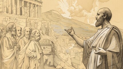 Fototapeta premium Paul Addressing Athenians at Mars Hill, Areopagus Listening, Biblical Illustration, Beige Background, Copyspace