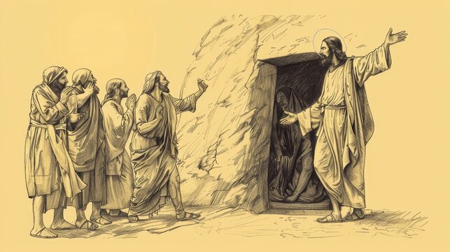 Jesus Calling Lazarus Out of Tomb, Onlookers Gasping in Amazement, Biblical Illustration, Beige Background, Copyspace