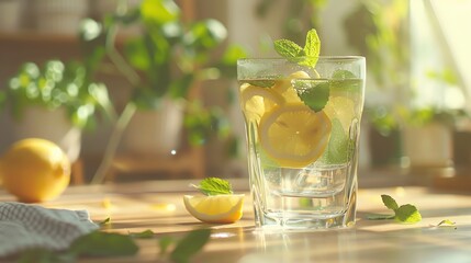 Fototapeta premium Refreshing lemonade with mint in a glass on a wooden table with lemons and greenery in the background.