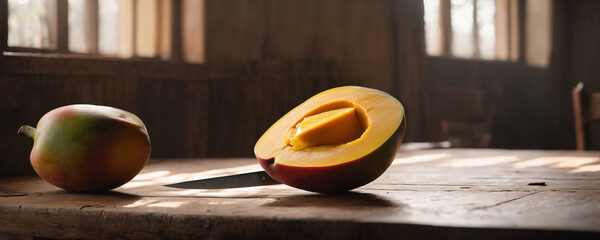 mango fruit on wooden table with knife next to it. High resolution illustration