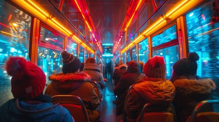 Passengers are seen from behind on a bus brightly lit by neon lights, with the colorful cityscape reflected on the windows