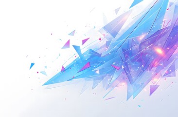 Fototapeta premium Abstract polygonal background with flying blue triangles and pink particles on a white backdrop