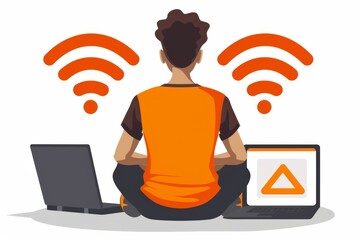 Back view of a man using dual laptops with strong Wi Fi signals, representing the power of connectivity in digital tasks