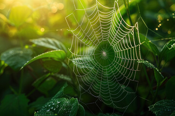 Naklejka premium Intricate Spider Web with Morning Dew in Lush Greenery