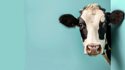 Curious Cow Peeking from Behind a Blue Wall