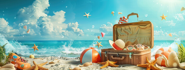 The suitcase is open on the beach, with various summer travel equipment inside it. The background features a blue sky and white clouds, and there's an ocean in front. - Powered by Adobe