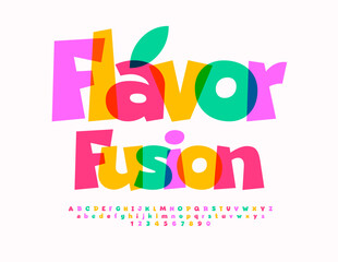 Vector advertising label Flavor Fusion. Funny Colorful Font. Bright Alphabet Letters and Numbers set. 