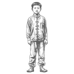 Obraz premium asian boy body with old engraving style