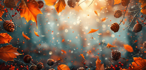 Pine Cones and Autumn Leaves in Bokeh Background