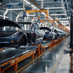The assembly line moving freshly built electric vehicles, showcasing the scale of high-tech car manufacturing