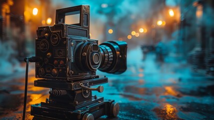 Vintage-style film camera setup on a moody, atmospheric film set with cinematic lighting and an urban backdrop - Powered by Adobe