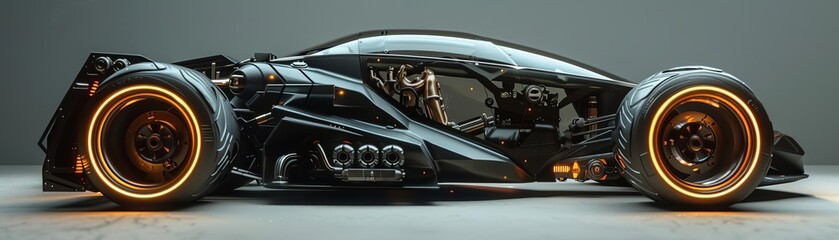 Fototapeta premium A futuristic black car with orange glowing wheels and engine.