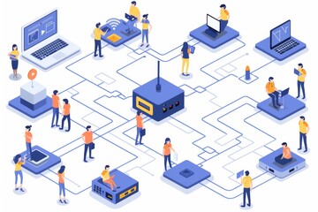 Isometric view of a connected cityscape demonstrating integrated digital networks and smart city technology