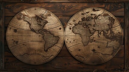 old wooden map of the northern and southern hemispheres of the earth