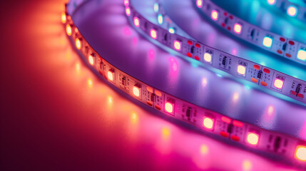 multicolored diode backlight ribbons, red, magenta, blue. roll of diode strip, led lighting in interior. diode tape