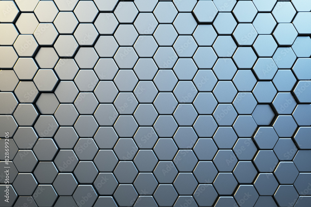 Aufkleber Hexagonal pattern with blue and gray colors, metallic texture, and modern design concept on a solid background. 3D Rendering
