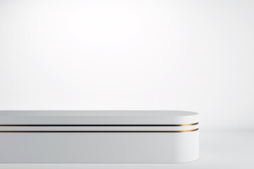 A minimalist modern white podium with golden accents on a white background, concept for product presentation. 3D Rendering