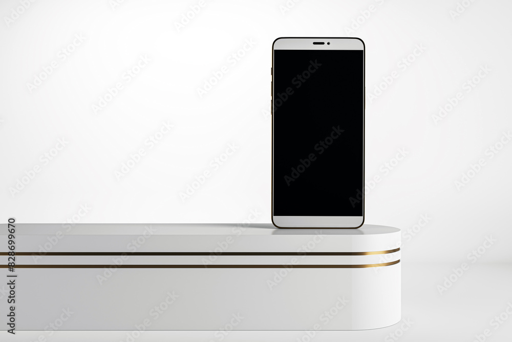 Poster smartphone on a podium with blank screen against a white background, concept of modern technology an
