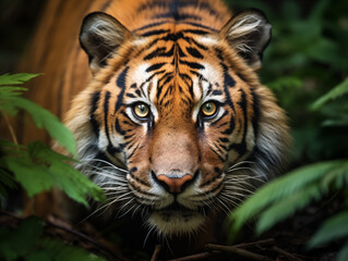 Fototapeta premium A Tiger Crouched Low In The Grass