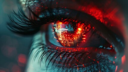 Human eye with advanced digital overlays, glowing red holographic elements, dark environment, high contrast, cyberpunk style 8K , high-resolution, ultra HD,up32K HD