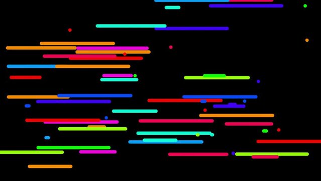 massive crowd abstract 2D vector multicolor straight lines horizontally random moving from left to right on dark black background with smooth ease.