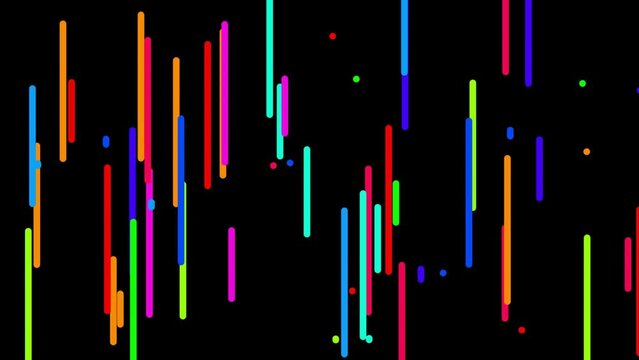 massive crowd abstract 2D vector multicolor straight lines vertically random  down fallen raining moving from up to bottom on dark black background with smooth ease.