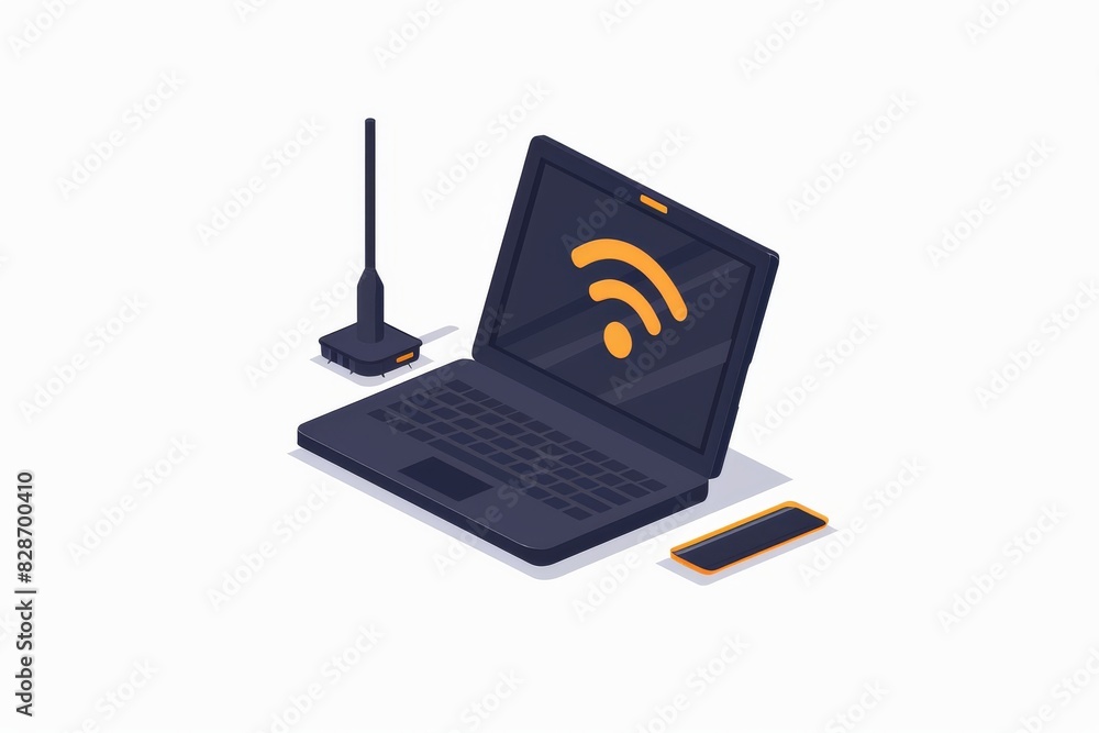 Poster high tech wireless router and gadgets on a desk, representing advanced home networking and internet 