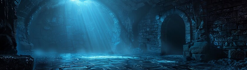 Haunted dungeon with ghostly apparitions, soft blue light, spooky atmosphere, dark stone walls, surreal style, detailed art 8K , high-resolution, ultra HD,up32K HD