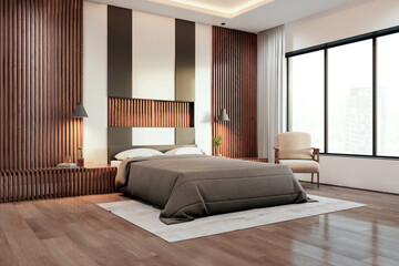Modern bedroom interior with king-size bed, wooden paneling, and a cityscape view. The concept of luxury living. 3D Rendering