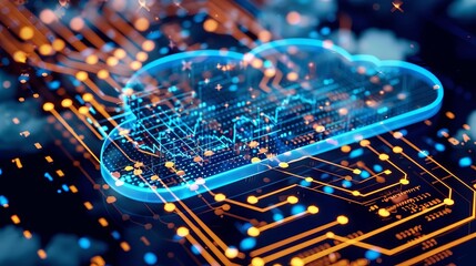 Futuristic cloud computing concept with a glowing virtual cloud over a circuit board, symbolizing data storage and technology solutions.