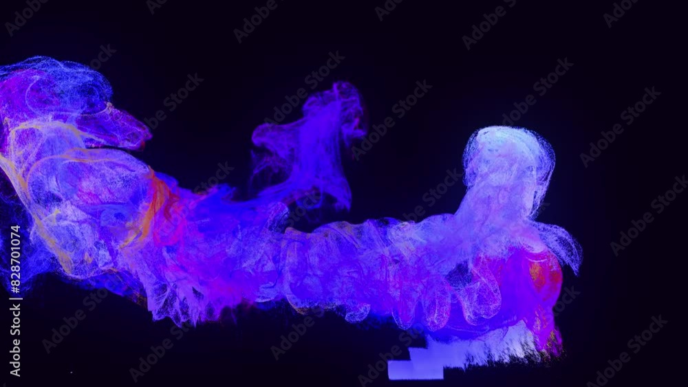 Poster glow particles spread in camera like ink effect. emitter ball emit swirl of glow particles form ligh