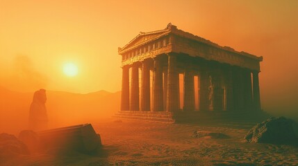 Obraz premium Greek temple in a desert with a mirage effect, warm earthy tones, soft focus, detailed illustration, surreal style 8K , high-resolution, ultra HD,up32K HD