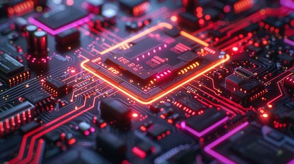 Obraz premium Microchip with integrated holographic interface, neon lights, high detail, futuristic design, dark background, scifi style 8K , high-resolution, ultra HD,up32K HD