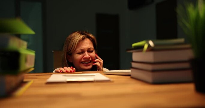 Woman manager in fear calls office phone and is afraid of thunderstorm. 911 call and panic attack