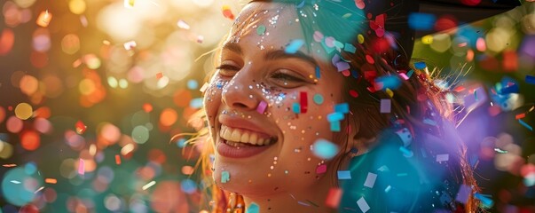 Graduate with confetti in summer, close up, focus on, bright colors, fun summer festivity