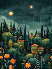 Obraz premium Enchanting Dreamscape Landscape with Floating Flora in Moonlit Forest