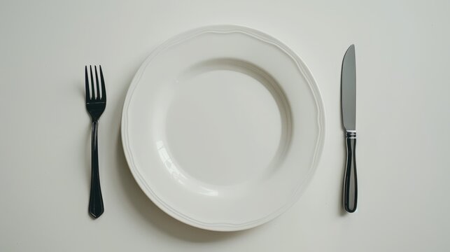 Aerial shot of a spotless white plate on a table, with fork on the left and knife on the right, the entire scene enveloped in a pure white background