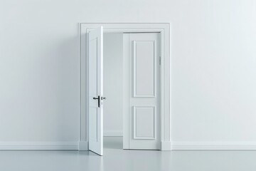 The concept of opportunity illustrated through simplicity: an open door against a crisp white backdrop, symbolizing the gateway to new possibilities.