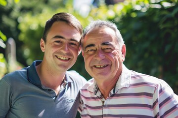 Fototapeta premium Portrait of happy senior father and adult son hugging in garden.