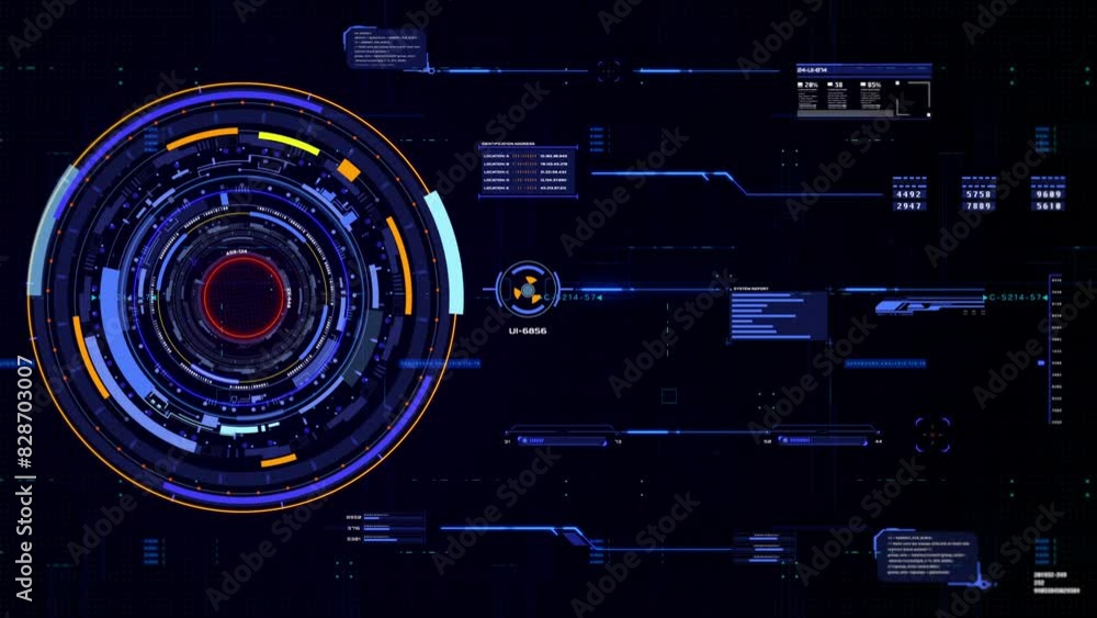 Poster hud futuristic spinning circle crosshair element with digital data, chart for business development, 