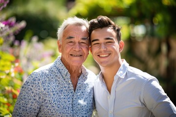 Fototapeta premium Portrait of happy senior father and adult son hugging in garden.