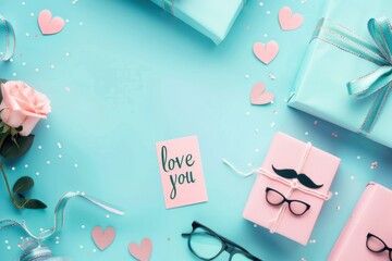 Handmade father day gift boxes with mustache and glasses on blue background.