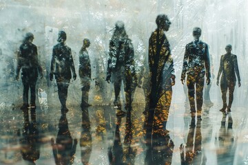 Fototapeta premium Shadowy figures with intricate details, Shadowy figures adorned with patterns of leaves, water, or clouds