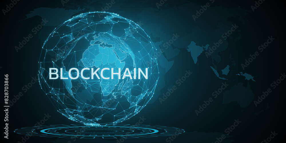 Aufkleber Digital blockchain concept on dark background with network lines and global map, creative graphics. 3D Rendering
