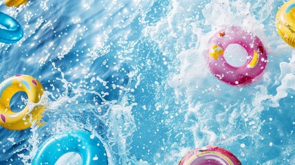 Pool party vibes, shimmering pool water adorned with floating toys and playful splashes, creating the perfect summer backdrop.